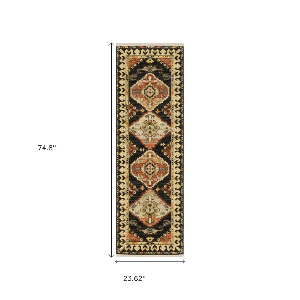 2' X 3' Charcoal Brown Orange Salmon Gold Navy Ivory And Pale Blue Oriental Power Loom Stain Resistant Area Rug With Fringe