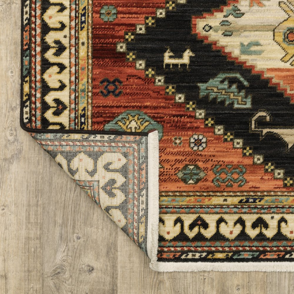 2' X 3' Charcoal Brown Orange Salmon Gold Navy Ivory And Pale Blue Oriental Power Loom Stain Resistant Area Rug With Fringe