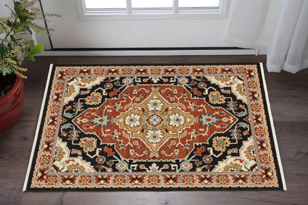 2' X 3' Black and Orange Oriental Power Loom Area Rug