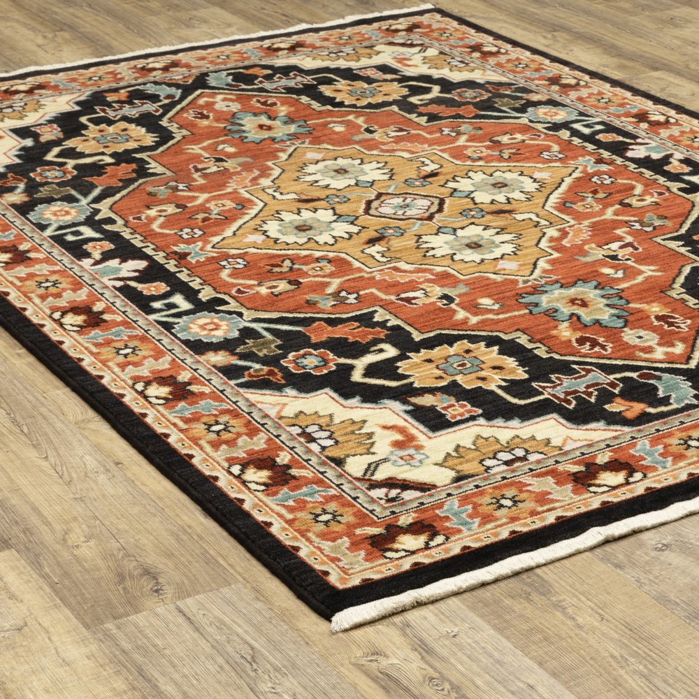 2' X 3' Black and Orange Oriental Power Loom Area Rug