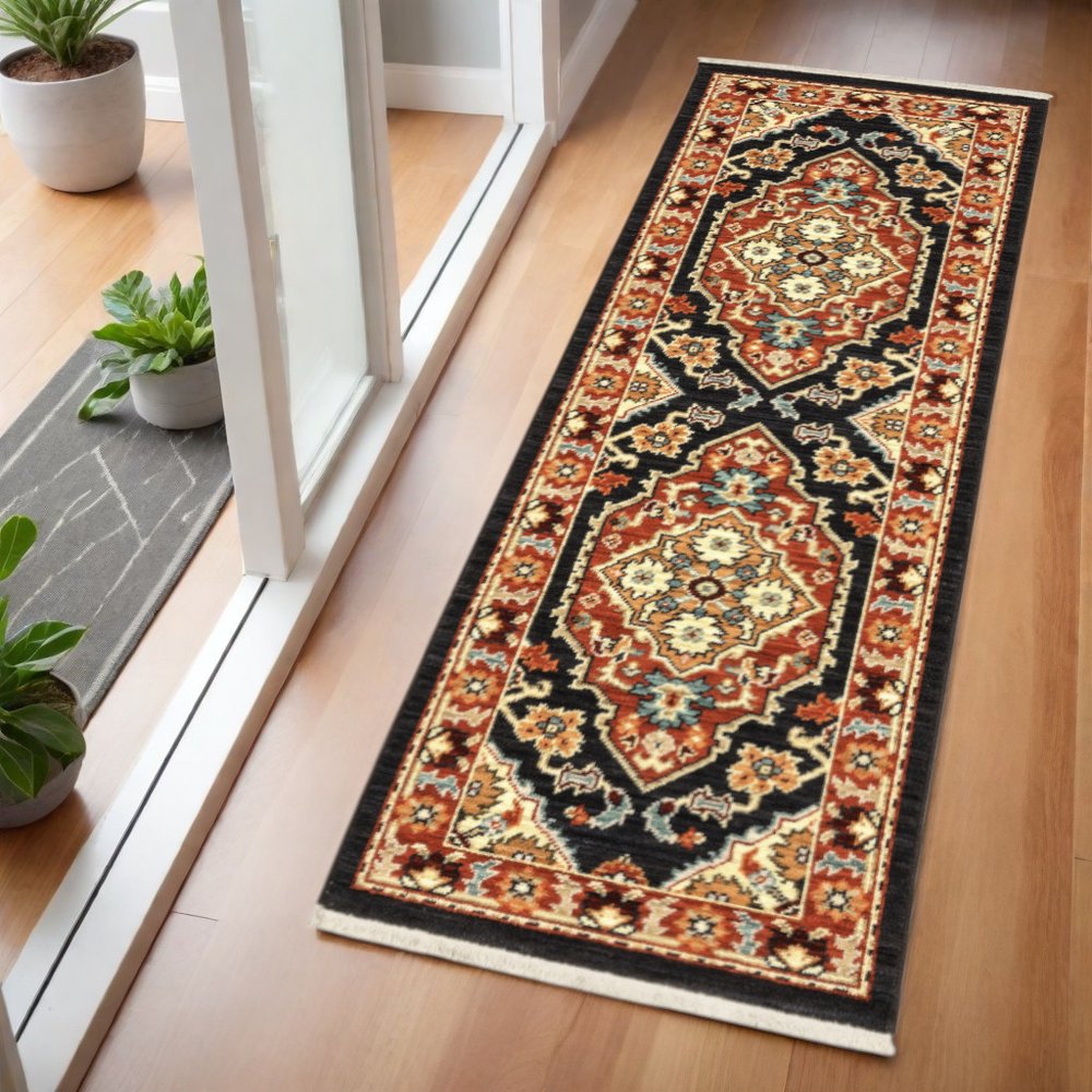 2' X 3' Black and Orange Oriental Power Loom Area Rug