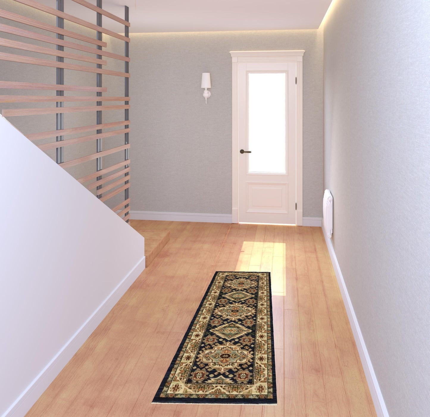 2' X 3' Navy Charcoal Orange Rust Gold Pale Blue Olive Beige And Salmon Oriental Power Loom Stain Resistant Area Rug With Fringe