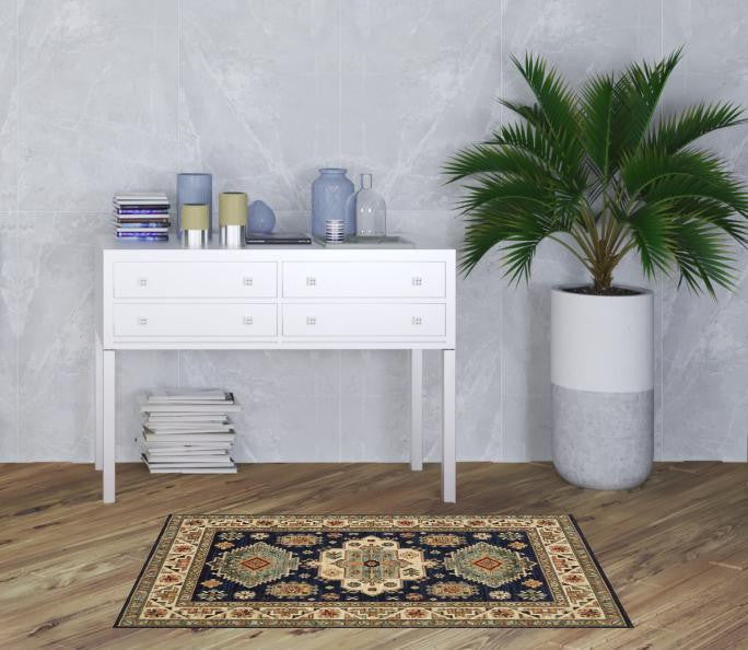 2' X 3' Navy Charcoal Orange Rust Gold Pale Blue Olive Beige And Salmon Oriental Power Loom Stain Resistant Area Rug With Fringe