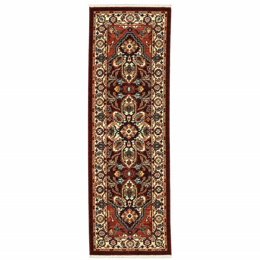 5' X 8' Red Ivory Orange And Blue Oriental Power Loom Stain Resistant Area Rug With Fringe