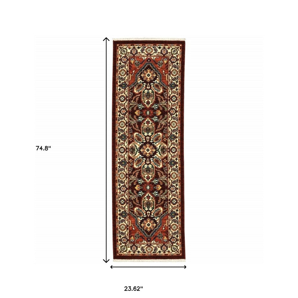 5' X 8' Red Ivory Orange And Blue Oriental Power Loom Stain Resistant Area Rug With Fringe