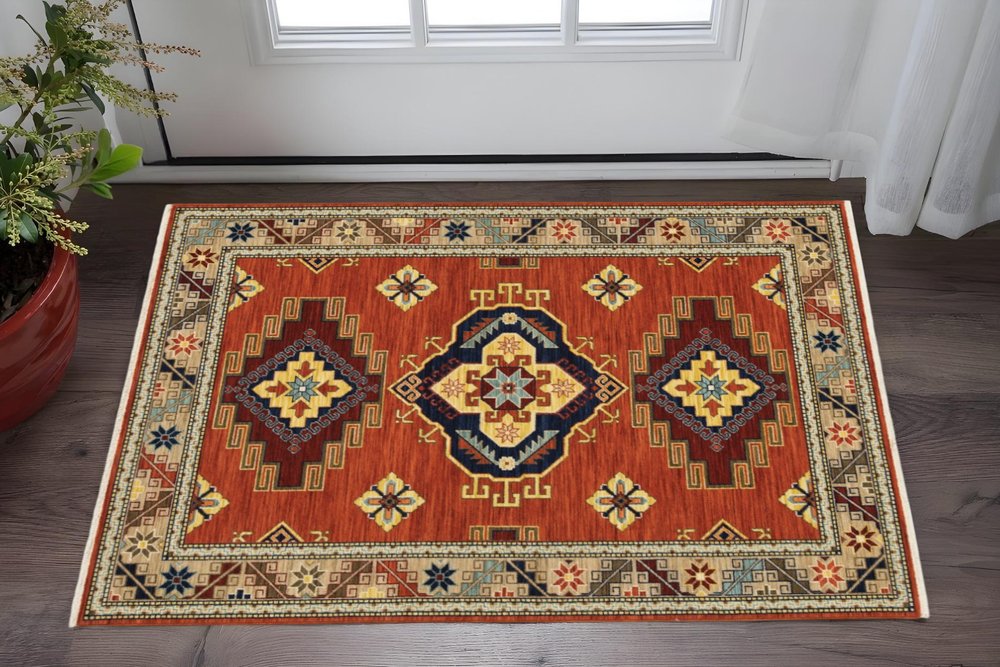 2' X 3' Red and Gold Oriental Power Loom Area Rug