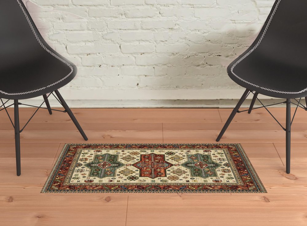 8' X 11' Brick Red Orange Rust Beige Gold Pale Blue Olive Navy And Black Oriental Power Loom Stain Resistant Area Rug With Fringe