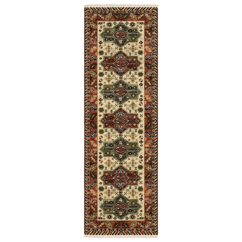 8' X 11' Brick Red Orange Rust Beige Gold Pale Blue Olive Navy And Black Oriental Power Loom Stain Resistant Area Rug With Fringe