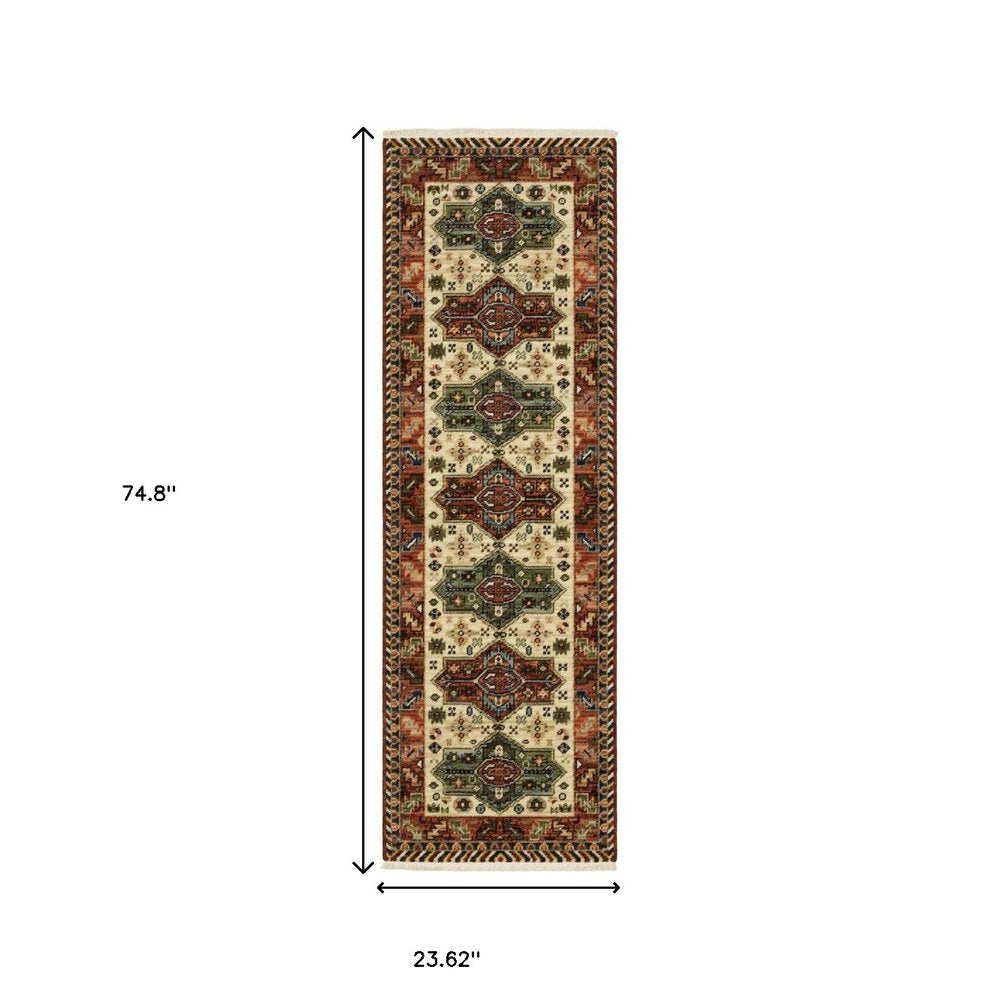 8' X 11' Brick Red Orange Rust Beige Gold Pale Blue Olive Navy And Black Oriental Power Loom Stain Resistant Area Rug With Fringe