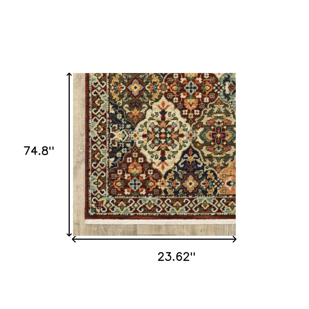 2' X 3' Red Rust Navy Light Blue Brown Orange Ivory And Gold Oriental Power Loom Stain Resistant Area Rug With Fringe