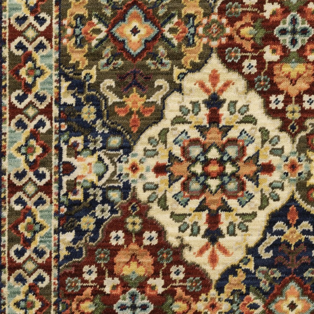 2' X 3' Red Rust Navy Light Blue Brown Orange Ivory And Gold Oriental Power Loom Stain Resistant Area Rug With Fringe