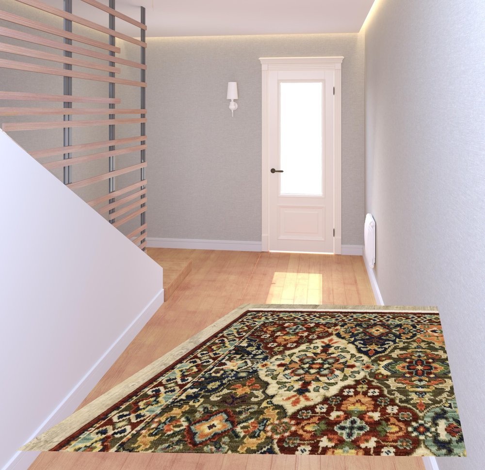 2' X 3' Red Rust Navy Light Blue Brown Orange Ivory And Gold Oriental Power Loom Stain Resistant Area Rug With Fringe