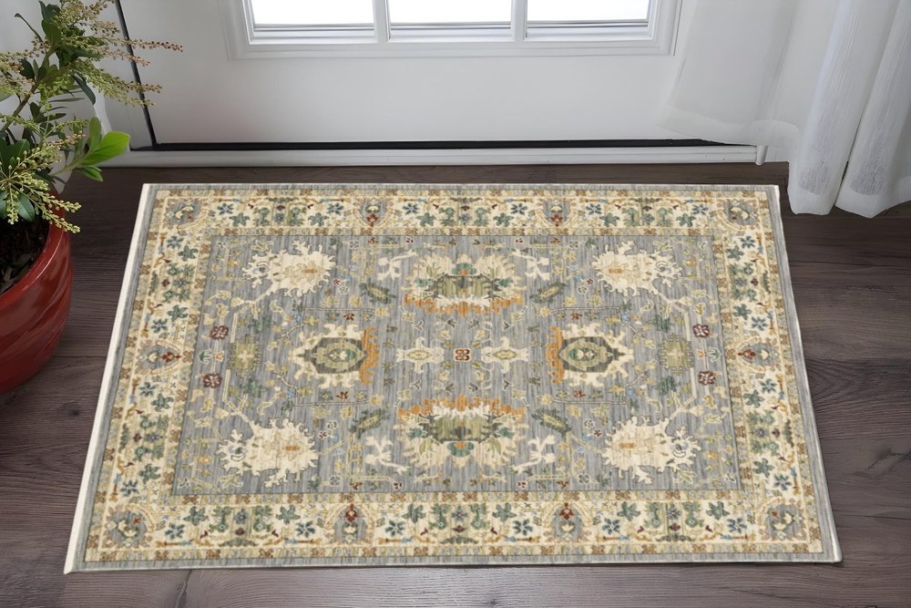 2' X 3' Grey Ivory Orange Teal Green Charcoal Blue And Red Oriental Power Loom Stain Resistant Area Rug With Fringe