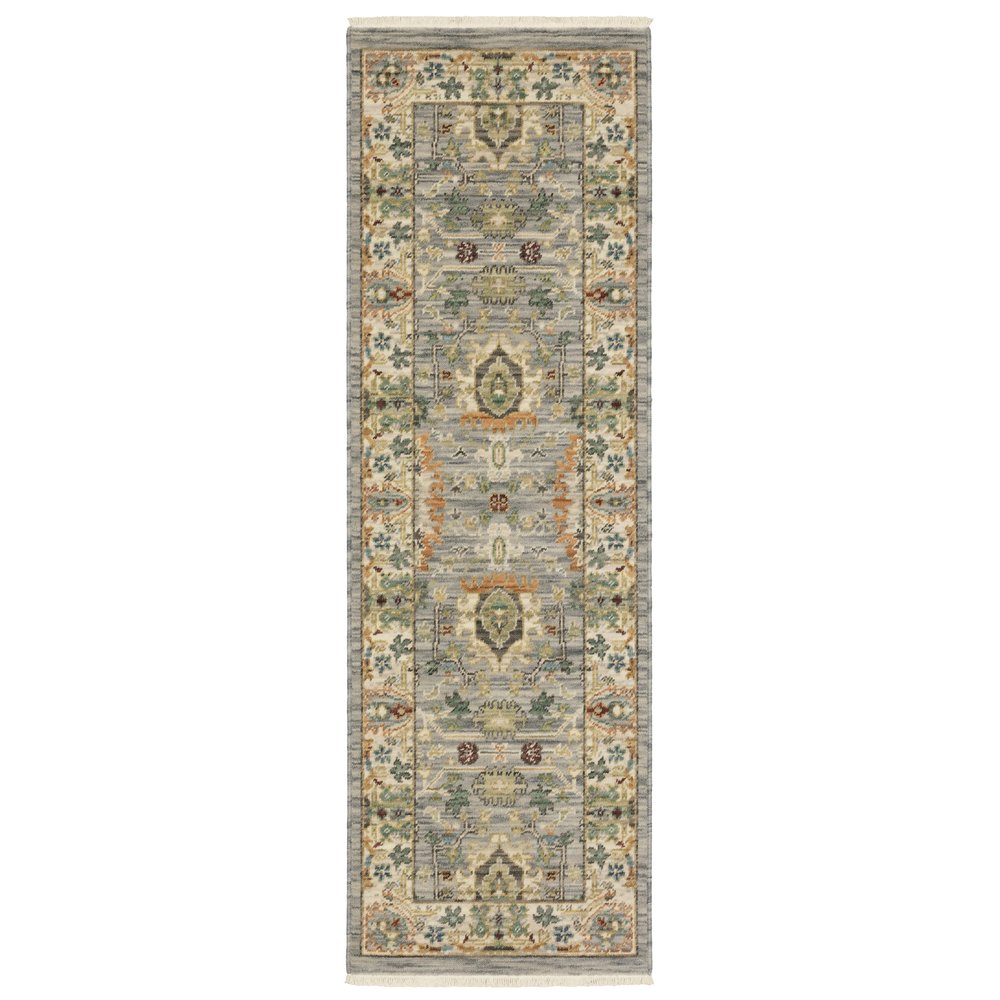 2' X 3' Grey Ivory Orange Teal Green Charcoal Blue And Red Oriental Power Loom Stain Resistant Area Rug With Fringe