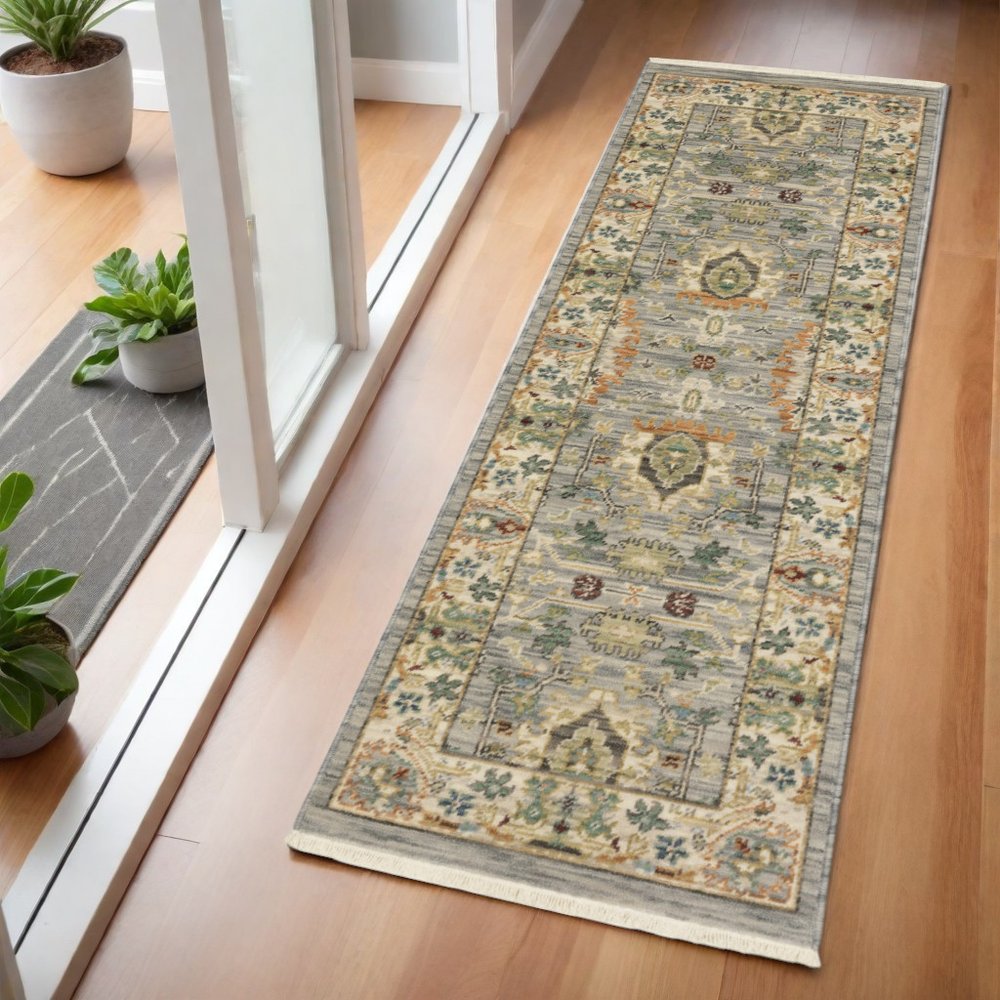 2' X 3' Grey Ivory Orange Teal Green Charcoal Blue And Red Oriental Power Loom Stain Resistant Area Rug With Fringe