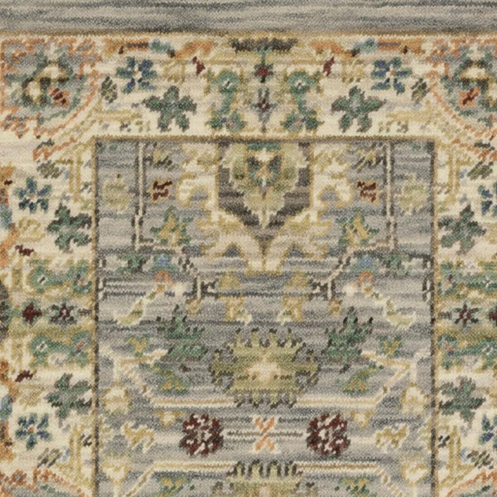 2' X 3' Grey Ivory Orange Teal Green Charcoal Blue And Red Oriental Power Loom Stain Resistant Area Rug With Fringe