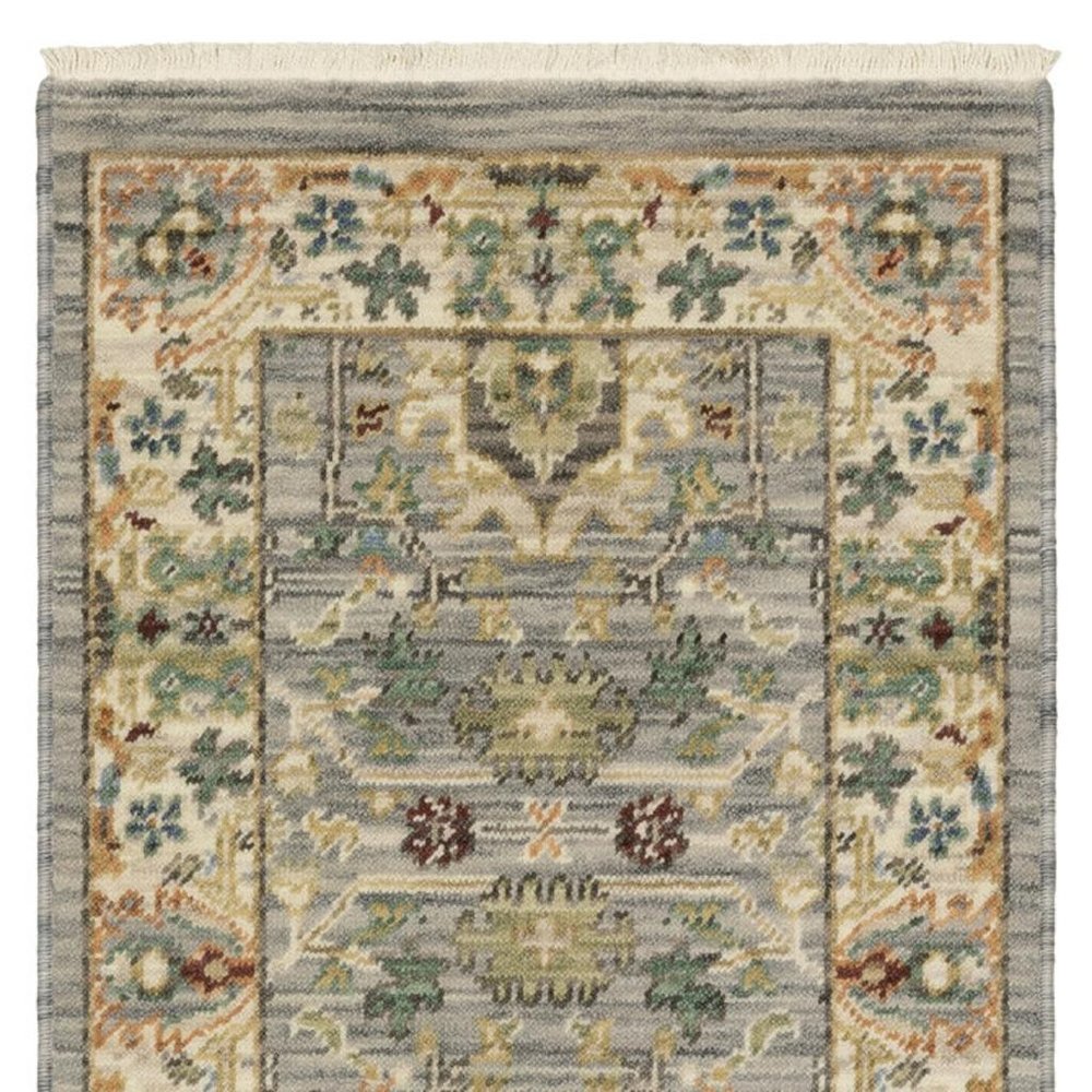 2' X 3' Grey Ivory Orange Teal Green Charcoal Blue And Red Oriental Power Loom Stain Resistant Area Rug With Fringe