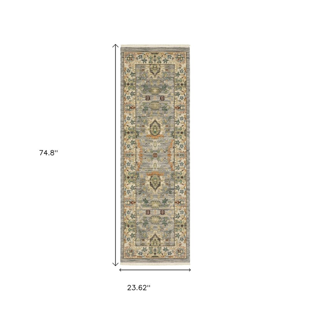 2' X 3' Grey Ivory Orange Teal Green Charcoal Blue And Red Oriental Power Loom Stain Resistant Area Rug With Fringe