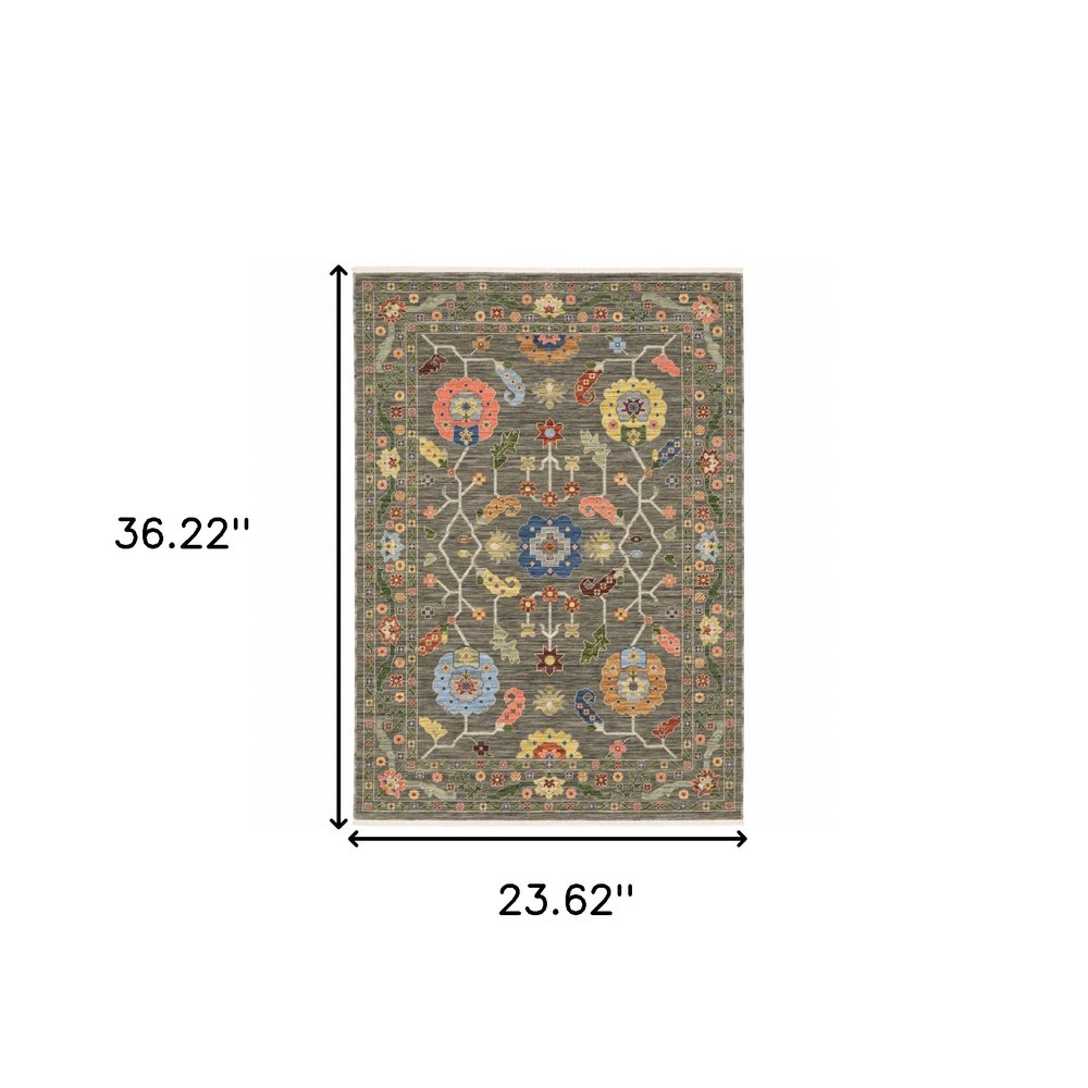 2' X 6' Grey Blue Pink Orange Rust Red Green And Ivory Oriental Power Loom Stain Resistant Runner Rug With Fringe
