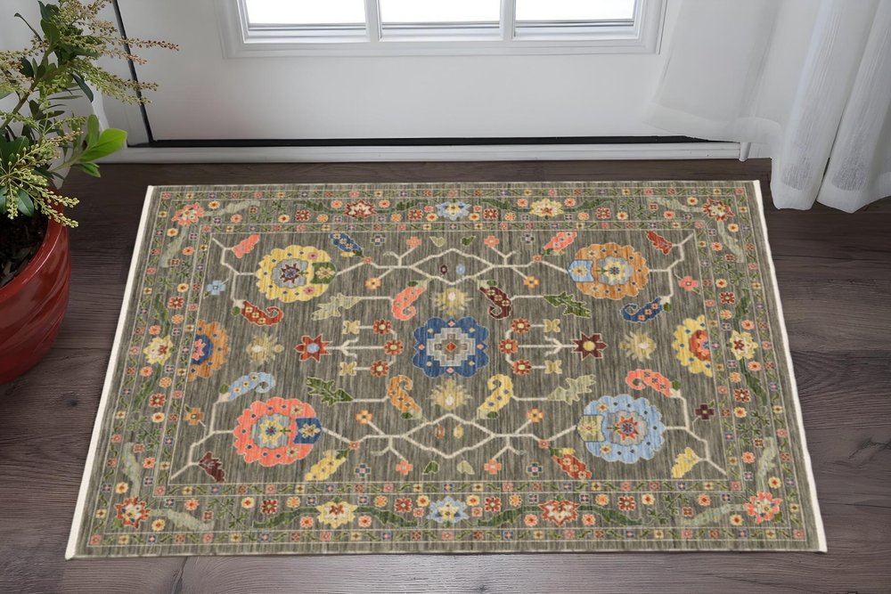 2' X 6' Grey Blue Pink Orange Rust Red Green And Ivory Oriental Power Loom Stain Resistant Runner Rug With Fringe
