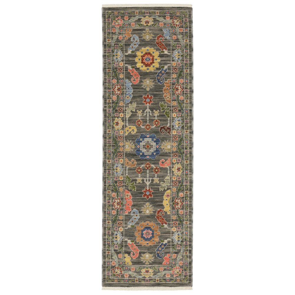 2' X 6' Grey Blue Pink Orange Rust Red Green And Ivory Oriental Power Loom Stain Resistant Runner Rug With Fringe