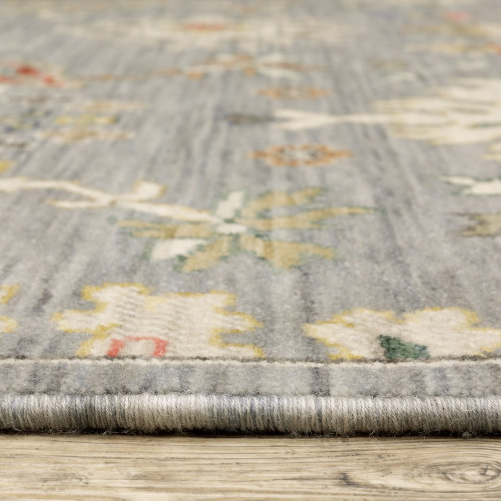 2' X 6' Grey Ivory Gold Salmon Red Blue And Green Oriental Power Loom Stain Resistant Runner Rug With Fringe