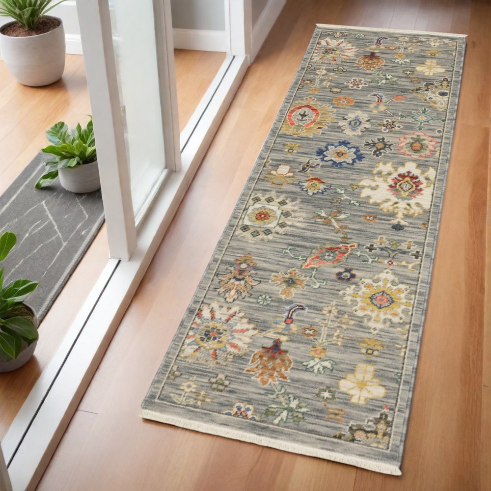 2' X 6' Grey Ivory Gold Salmon Red Blue And Green Oriental Power Loom Stain Resistant Runner Rug With Fringe