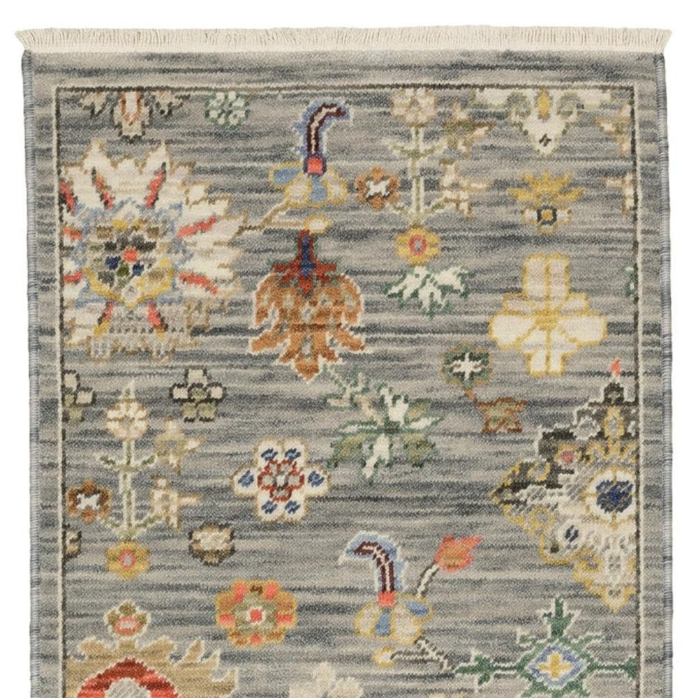 2' X 6' Grey Ivory Gold Salmon Red Blue And Green Oriental Power Loom Stain Resistant Runner Rug With Fringe