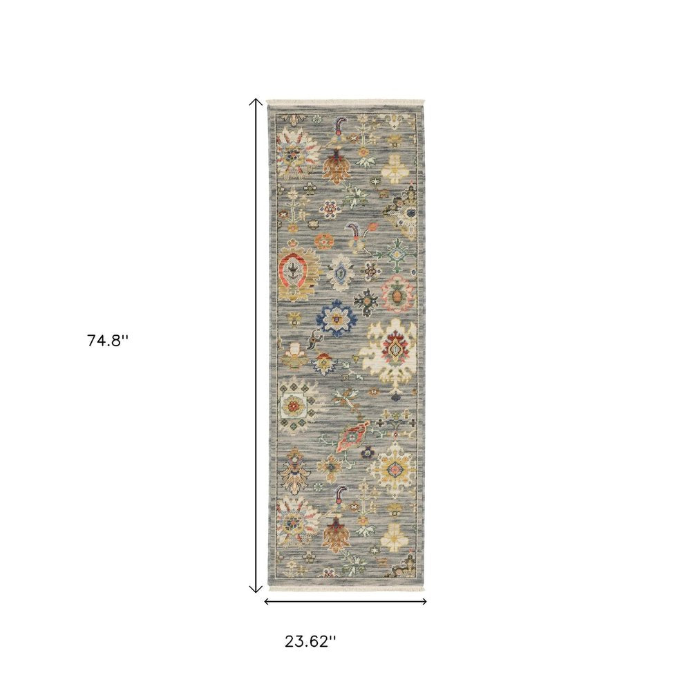 2' X 6' Grey Ivory Gold Salmon Red Blue And Green Oriental Power Loom Stain Resistant Runner Rug With Fringe