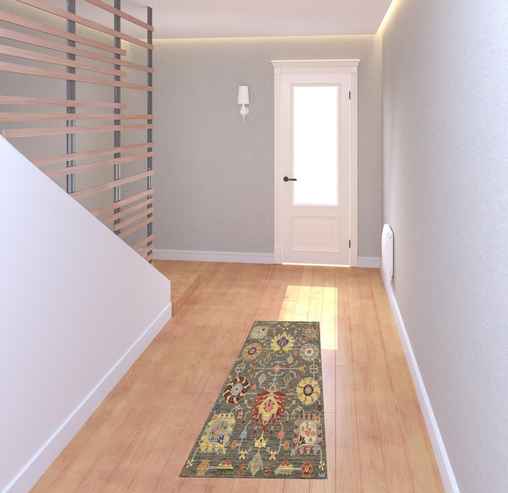 8' X 11' Grey Charcoal Yellow Blue Rust Red Pink Green And Ivory Oriental Power Loom Stain Resistant Area Rug With Fringe