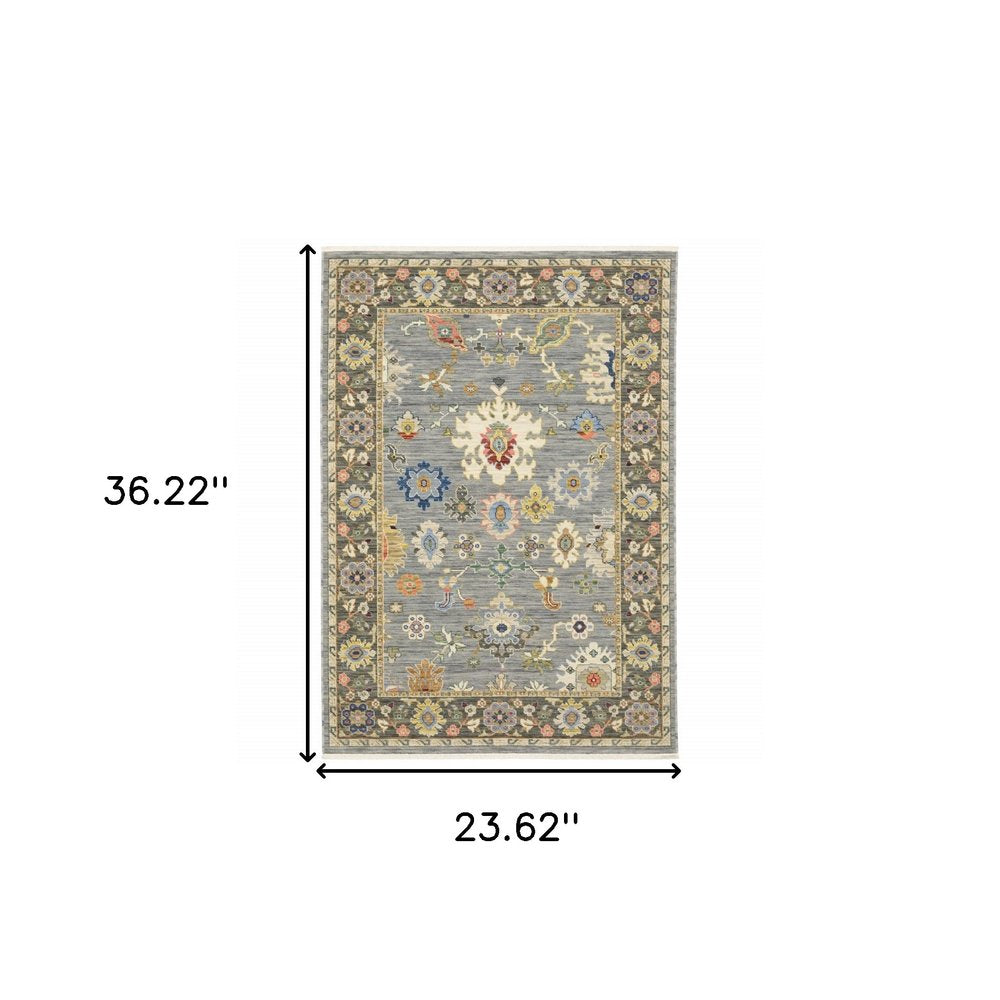 6' Blue Ivory And Red Oriental Runner Rug With Fringe