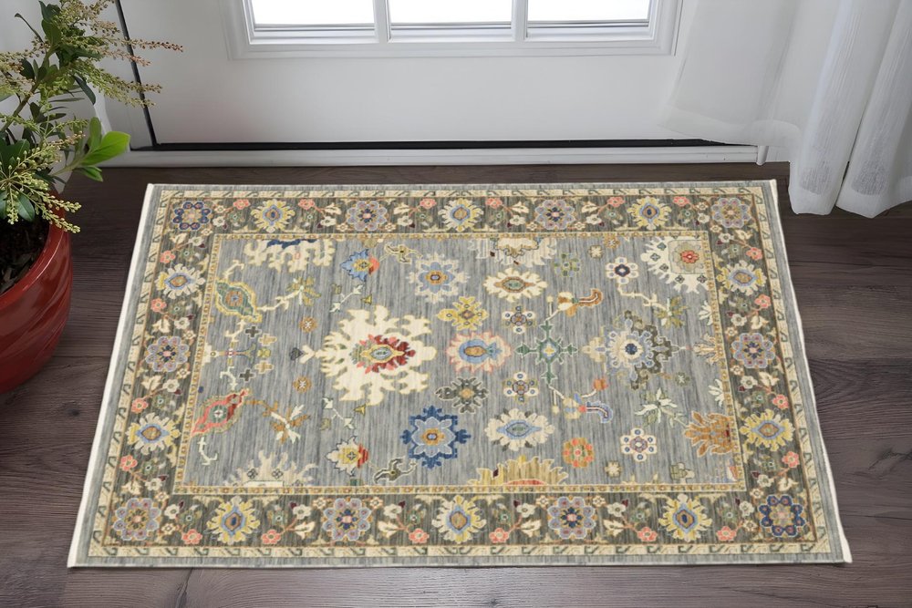 6' Blue Ivory And Red Oriental Runner Rug With Fringe