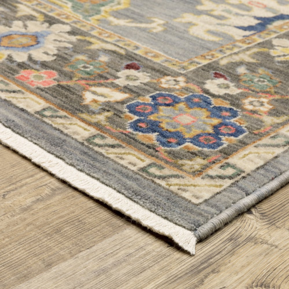 6' Blue Ivory And Red Oriental Runner Rug With Fringe