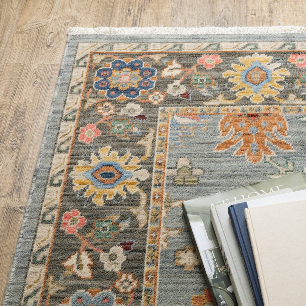 6' Blue Ivory And Red Oriental Runner Rug With Fringe