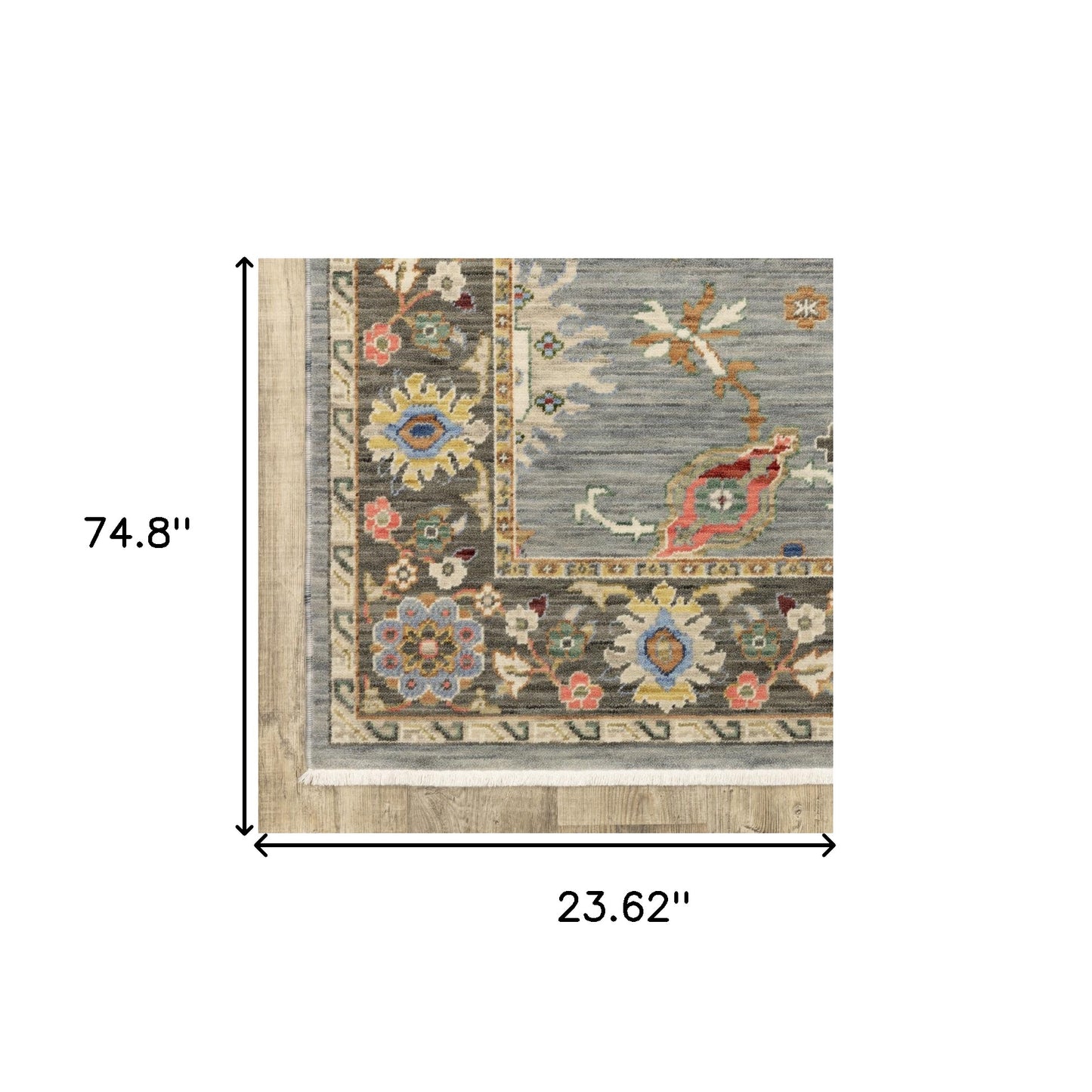 2' X 3' Blue Grey Gold Green Pink Orange Ivory And Red Oriental Power Loom Stain Resistant Area Rug With Fringe