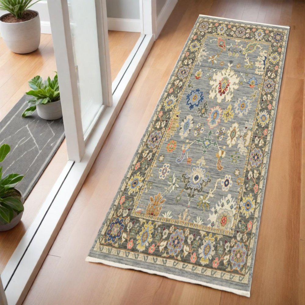 6' Blue Ivory And Red Oriental Runner Rug With Fringe