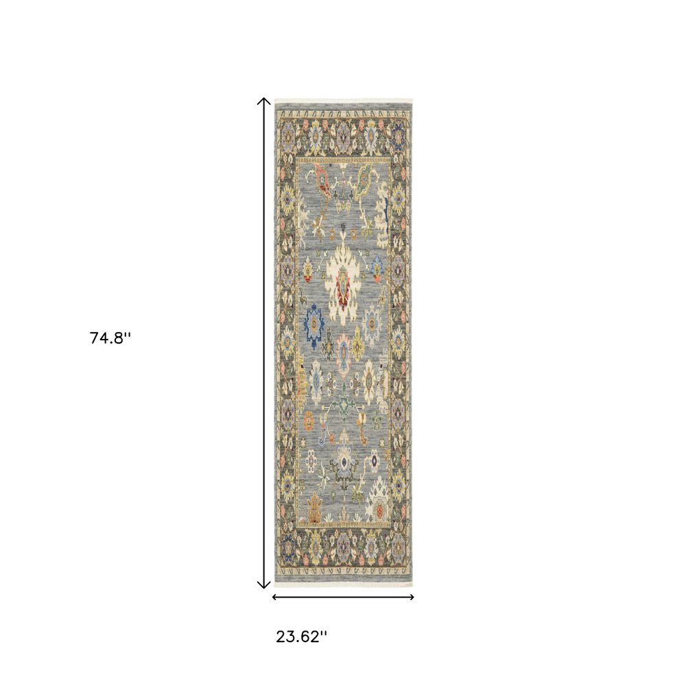6' Blue Ivory And Red Oriental Runner Rug With Fringe