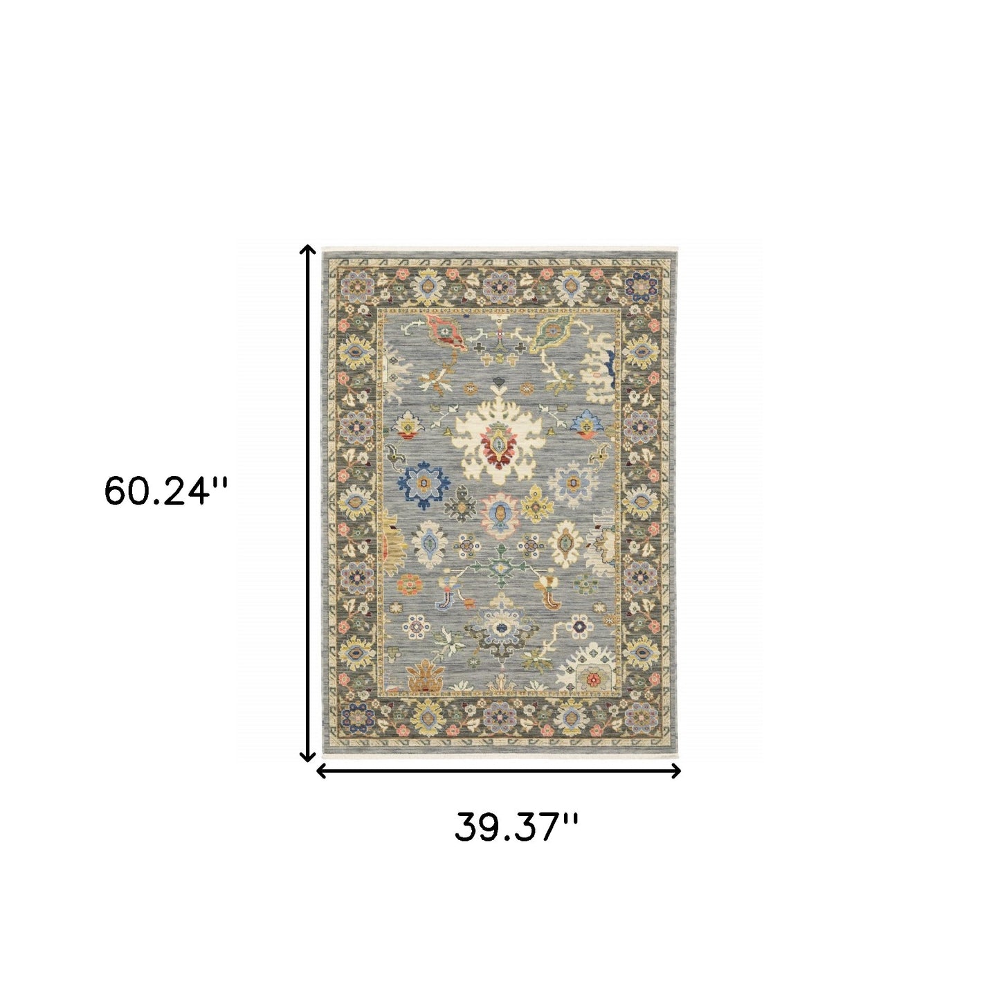 2' X 3' Blue Grey Gold Green Pink Orange Ivory And Red Oriental Power Loom Stain Resistant Area Rug With Fringe