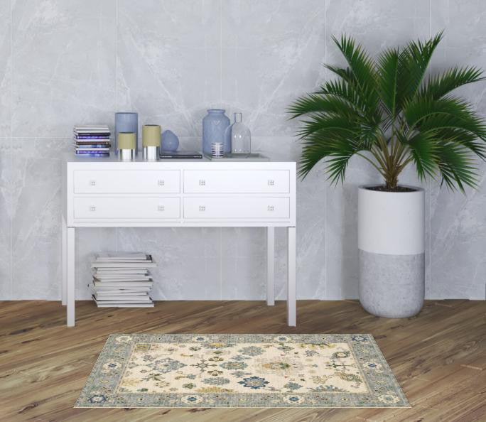 2' X 3' Blue Grey Gold Green Pink Orange Ivory And Red Oriental Power Loom Stain Resistant Area Rug With Fringe