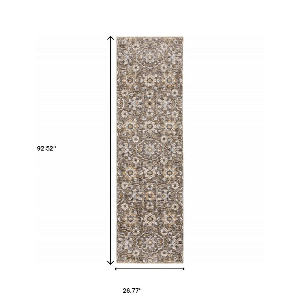 2' X 3' Grey And Tan Floral Power Loom Stain Resistant Area Rug With Fringe