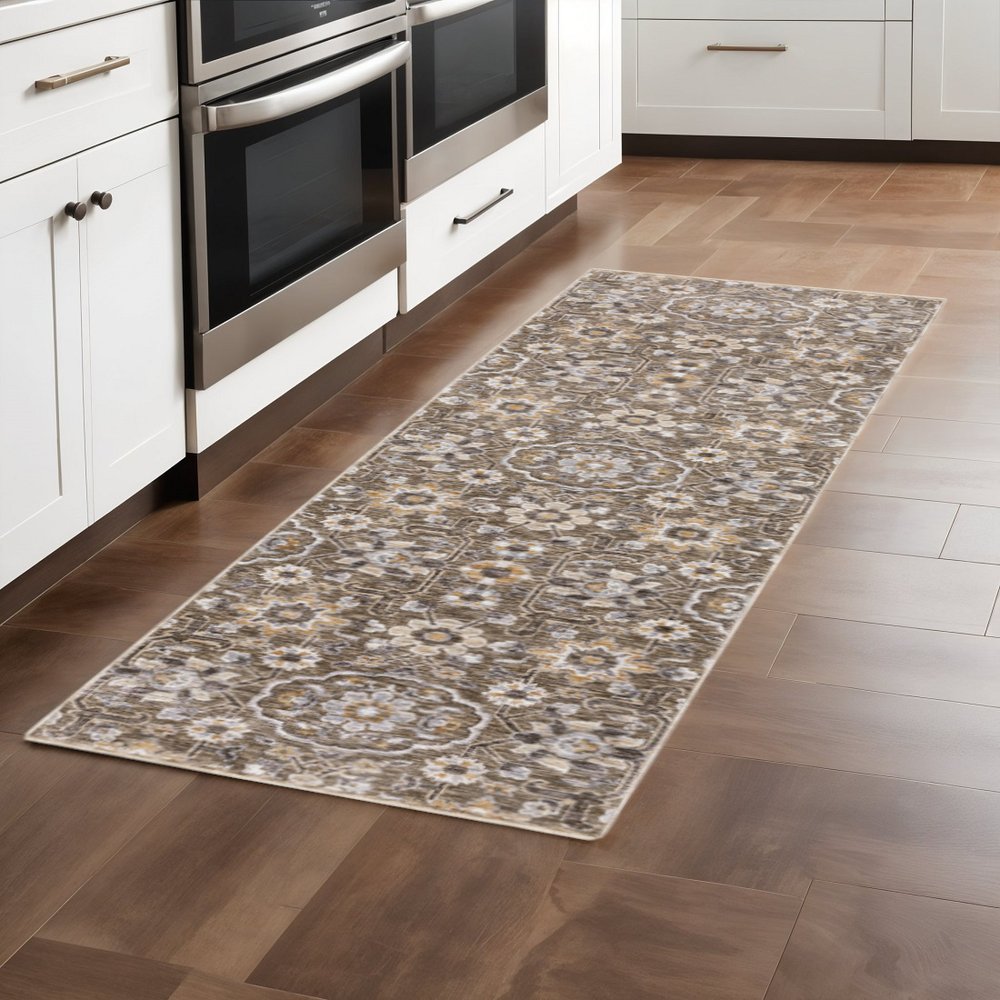 2' X 3' Grey And Tan Floral Power Loom Stain Resistant Area Rug With Fringe