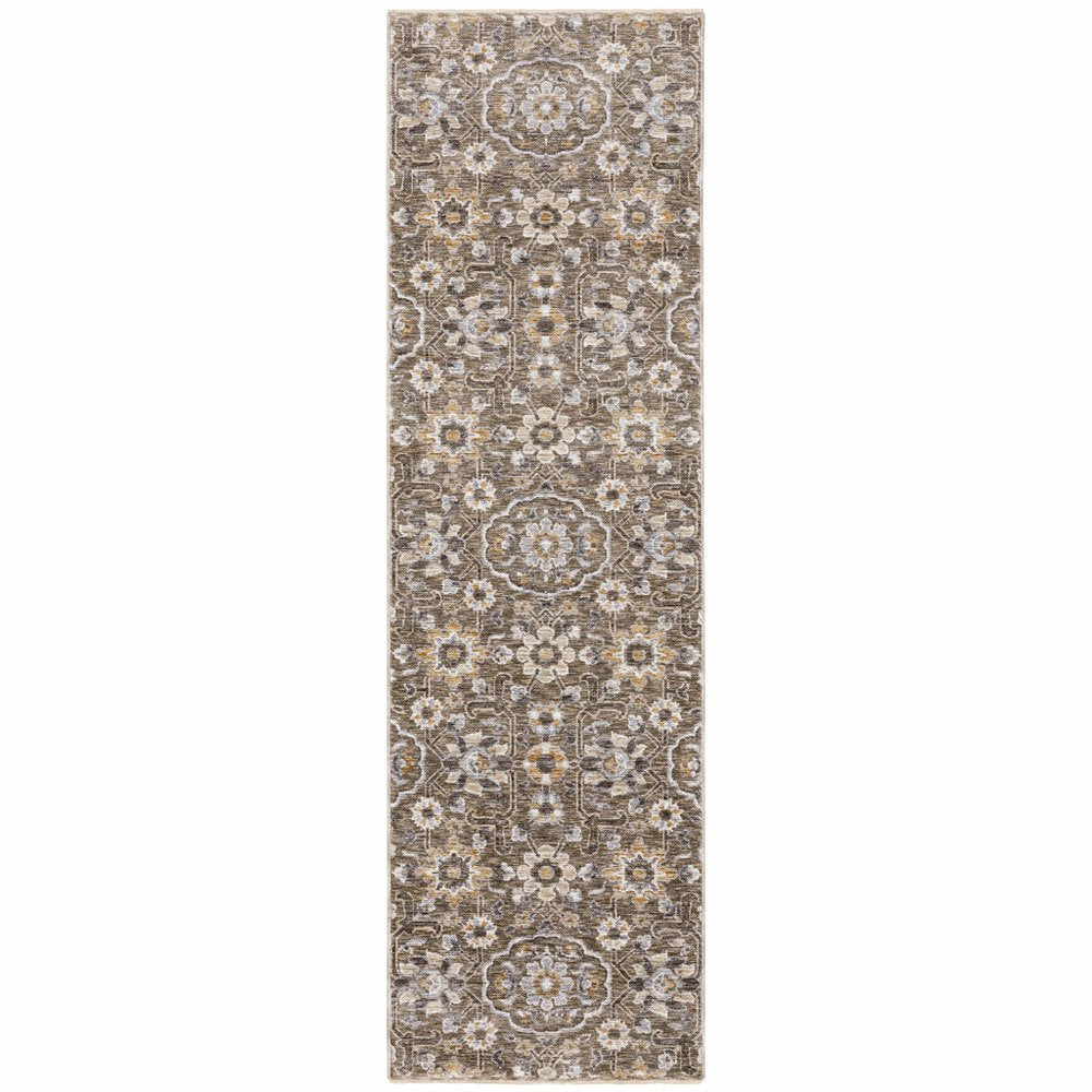 2' X 3' Grey And Tan Floral Power Loom Stain Resistant Area Rug With Fringe