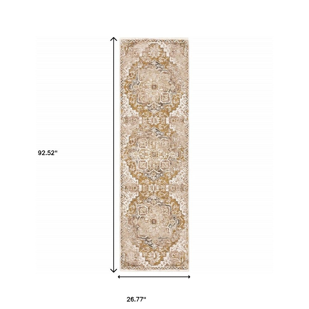 8' X 11' Gold And Brown Oriental Distressed Area Rug With Fringe