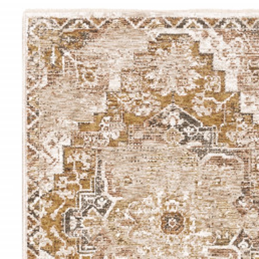 8' X 11' Gold And Brown Oriental Distressed Area Rug With Fringe