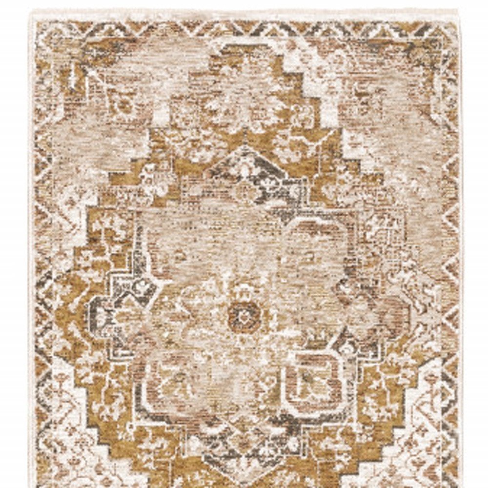 8' X 11' Gold And Brown Oriental Distressed Area Rug With Fringe