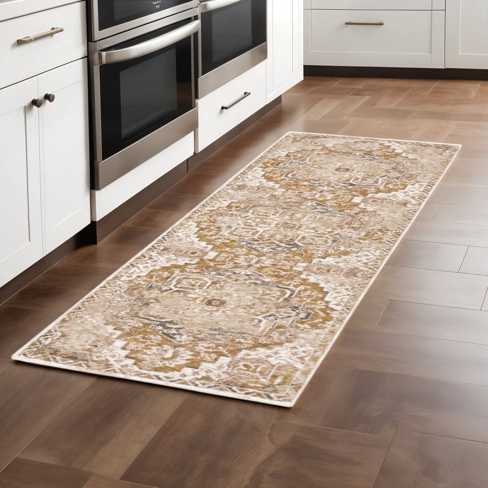 8' X 11' Gold And Brown Oriental Distressed Area Rug With Fringe