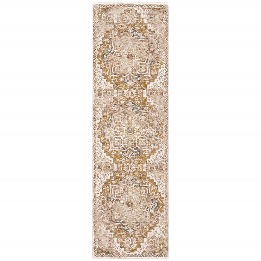 8' X 11' Gold And Brown Oriental Distressed Area Rug With Fringe