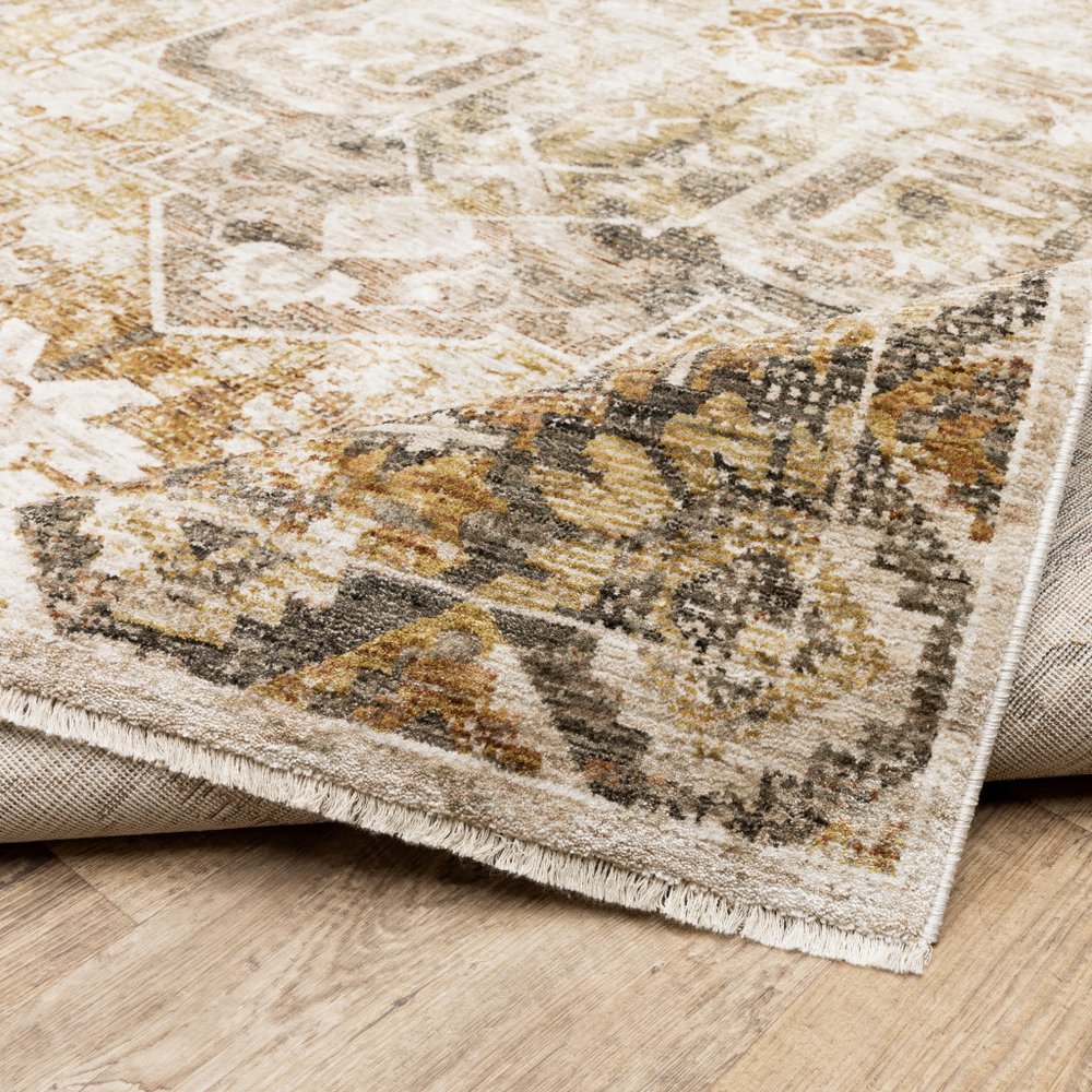 8' X 11' Gold And Brown Oriental Distressed Area Rug With Fringe