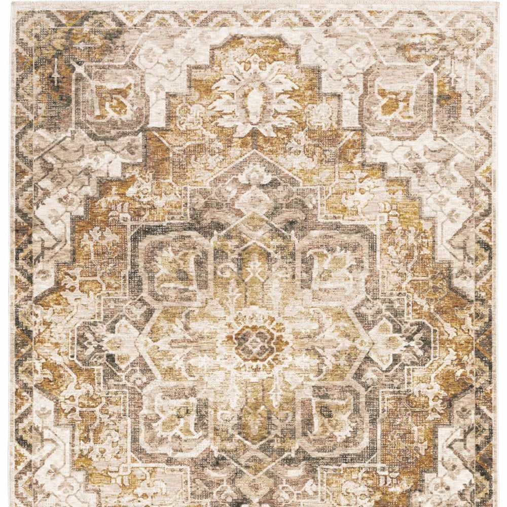 8' X 11' Gold And Brown Oriental Distressed Area Rug With Fringe