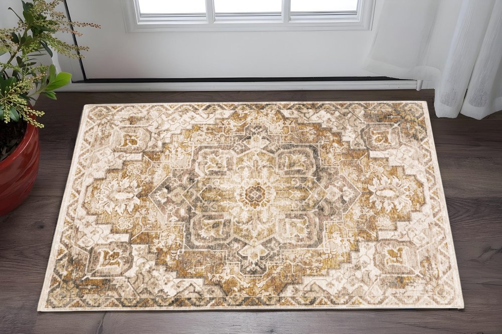 8' X 11' Gold And Brown Oriental Distressed Area Rug With Fringe